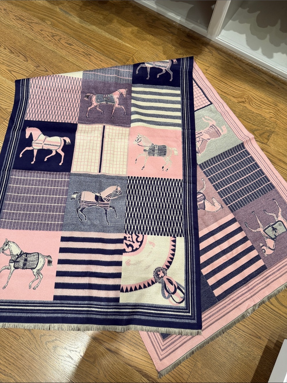 Designer Inspired Pink and Navy Horse Patchwork Wrap
